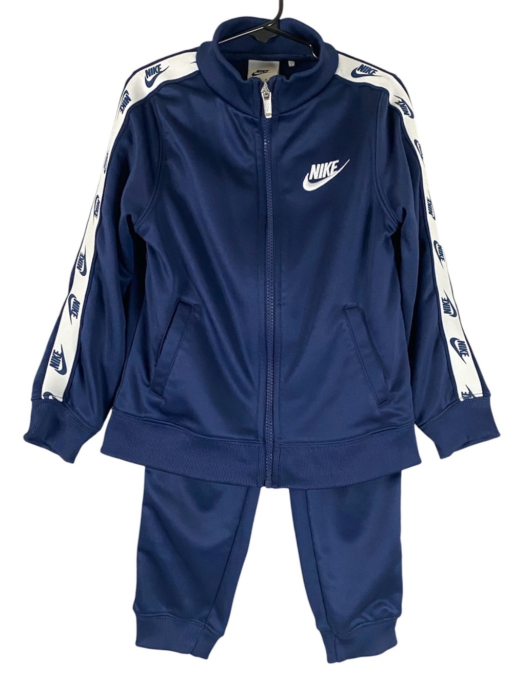 Nike Kids 2 Piece Tricot Track Suit Set Jacket/Pants White/Dark Blue Size 5-6 Yr